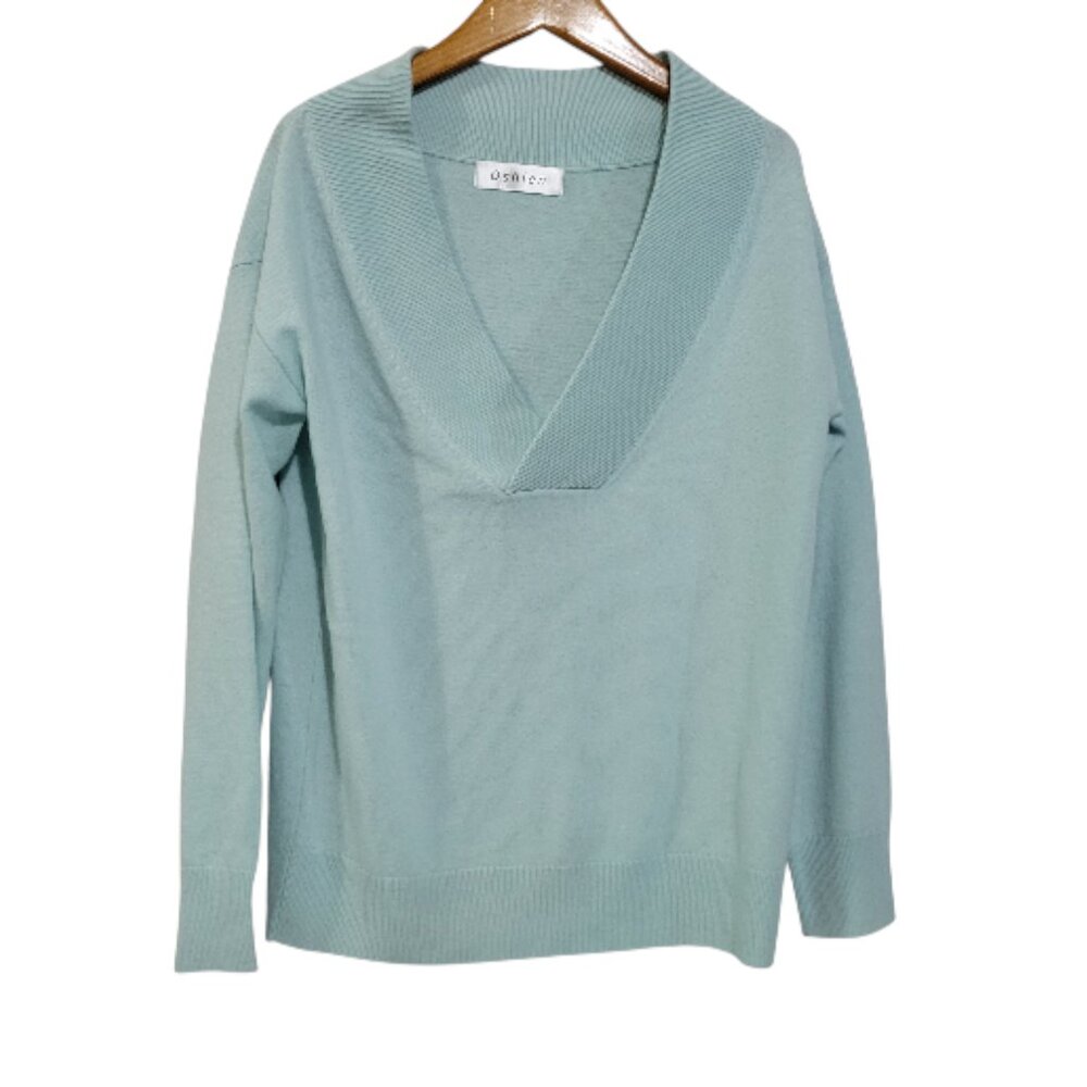Oshlen V Neck Sweater Womens Medium Seafoam Green Cashmere Wool Comfort Cozy